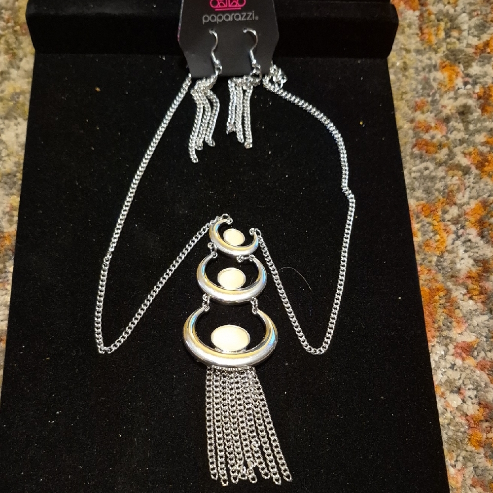 paparazzi Silver Triple Crescent Pendant Necklace with Cream Inset and Tassel